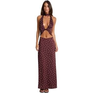 NWT Sasha Therese Cici Maxi Skirt Set Polka Dot Brown Pink Size M Y2K Slip Skirt